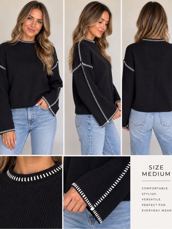 PrettyGarden Sweaters - Black Crewneck Sweater with Contrast Stitch Trim